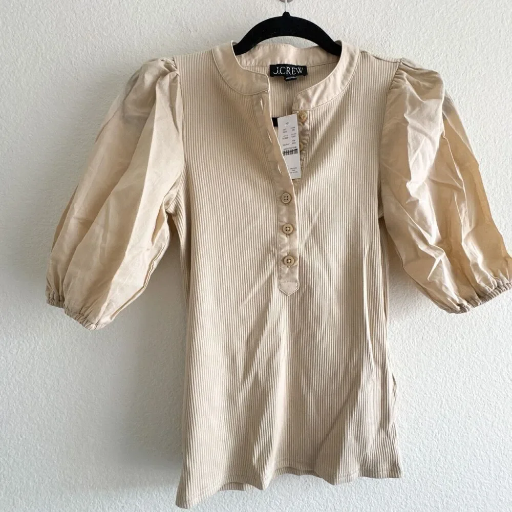 J.Crew New Vintage Rib Puff Sleeve Henley Top in Light Khaki Natural Size XXS